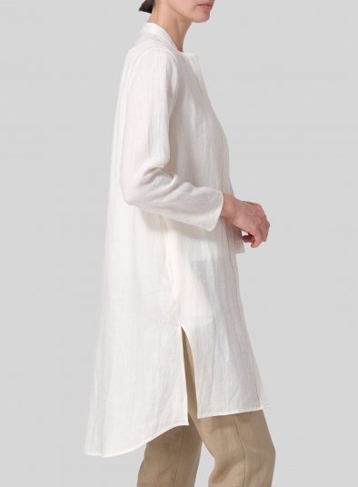 Linen Shirt Dress with Mandarin Collar