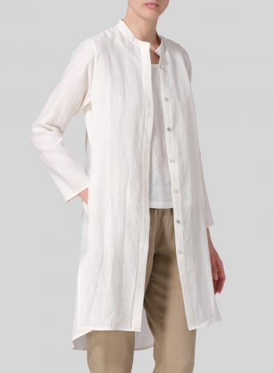 Linen Shirt Dress with Mandarin Collar