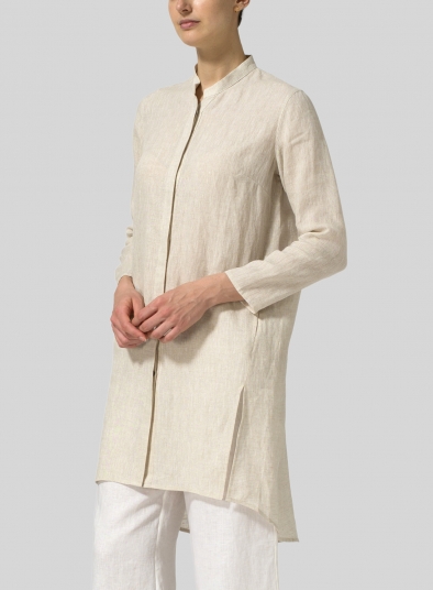 Linen Shirt Dress with Mandarin Collar