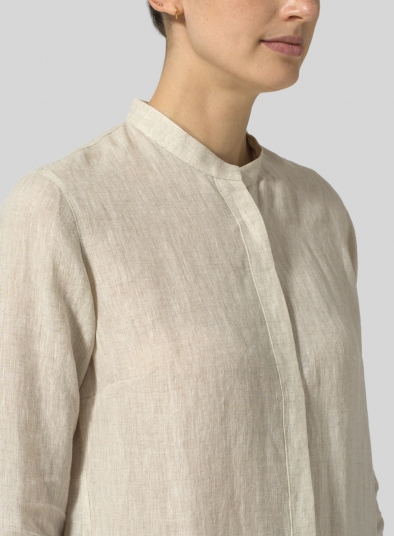 Linen Shirt Dress with Mandarin Collar