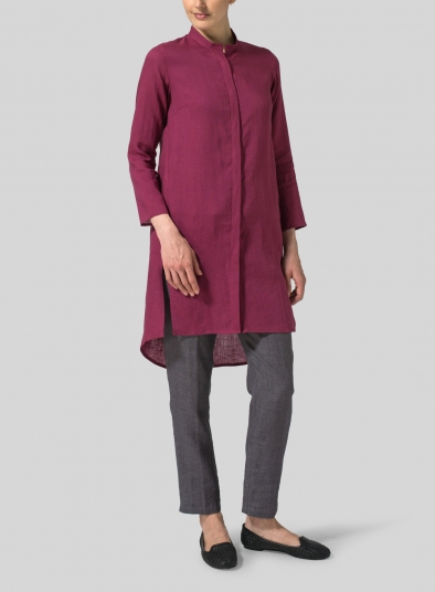 Linen Shirt Dress with Mandarin Collar