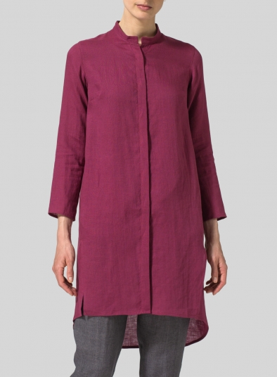 Linen Shirt Dress with Mandarin Collar