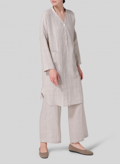 Linen Loose Fit V-Neck Tunic Dress