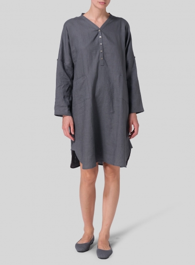 Linen Loose Fit V-Neck Tunic Dress