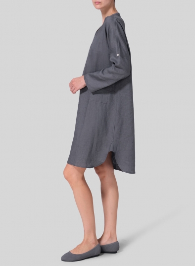 Linen Loose Fit V-Neck Tunic Dress