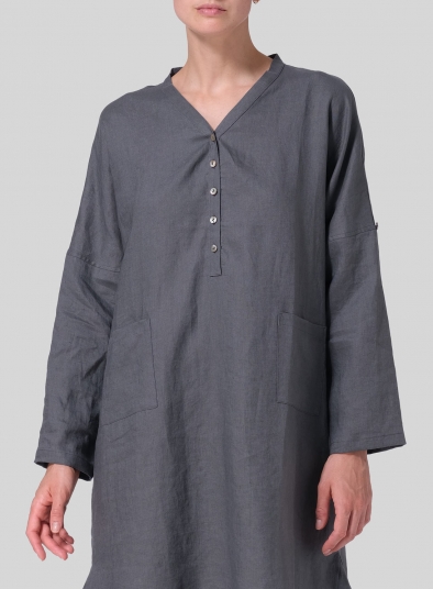 Linen Loose Fit V-Neck Tunic Dress