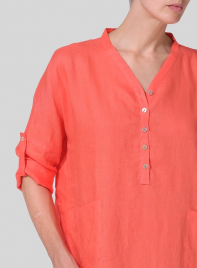 Linen Loose Fit V-Neck Tunic Dress