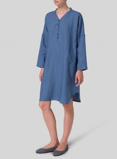 Linen Loose Fit V-Neck Tunic Dress