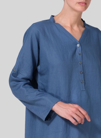 Linen Loose Fit V-Neck Tunic Dress