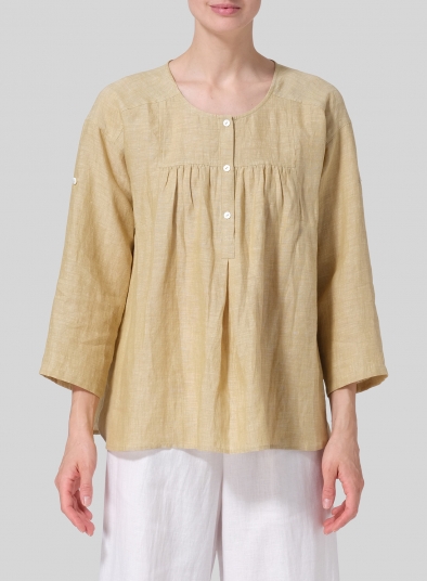 Linen Loose Fit Roll-Tab Sleeve Pleated Blouse