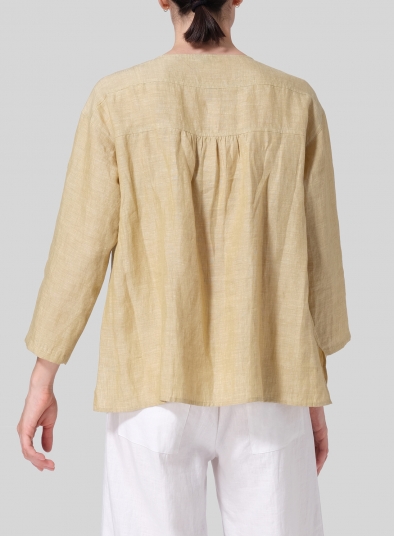 Linen Loose Fit Roll-Tab Sleeve Pleated Blouse