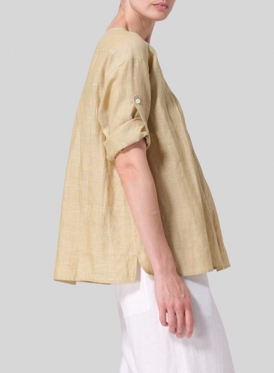 Linen Loose Fit Roll-Tab Sleeve Pleated Blouse