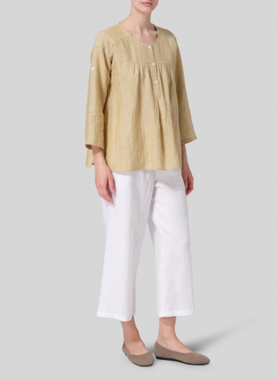 Linen Loose Fit Roll-Tab Sleeve Pleated Blouse