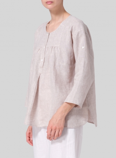 Linen Loose Fit Roll-Tab Sleeve Pleated Blouse