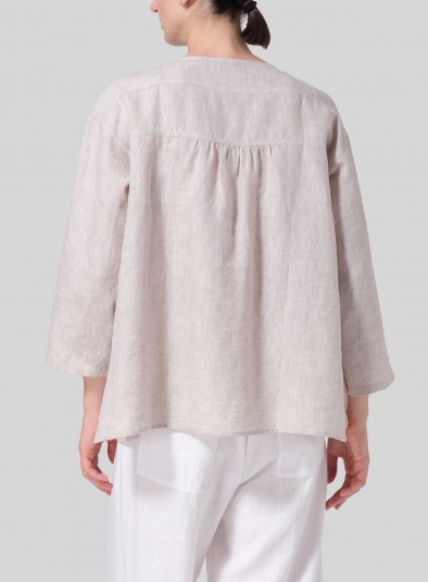 Linen Loose Fit Roll-Tab Sleeve Pleated Blouse