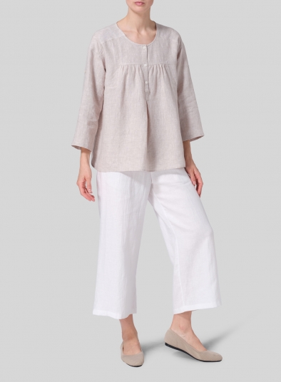 Linen Loose Fit Roll-Tab Sleeve Pleated Blouse