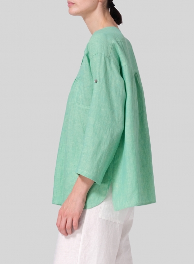 Linen Loose Fit Roll-Tab Sleeve Pleated Blouse