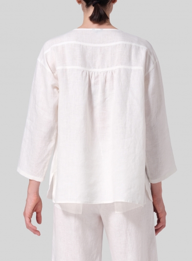 Linen Loose Fit Roll-Tab Sleeve Pleated Blouse