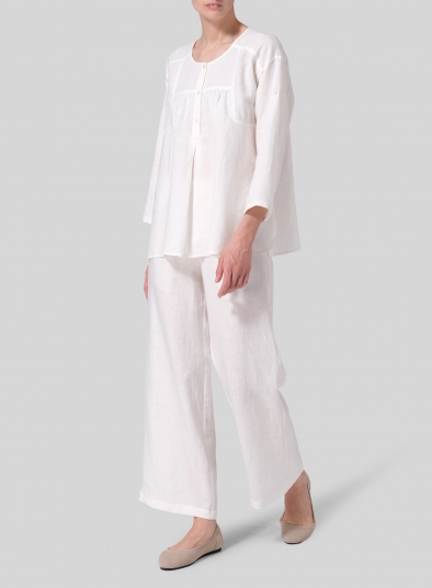 Linen Loose Fit Roll-Tab Sleeve Pleated Blouse