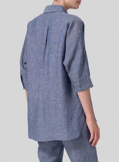 Linen Straight Hidden-Button Classic Collar Top