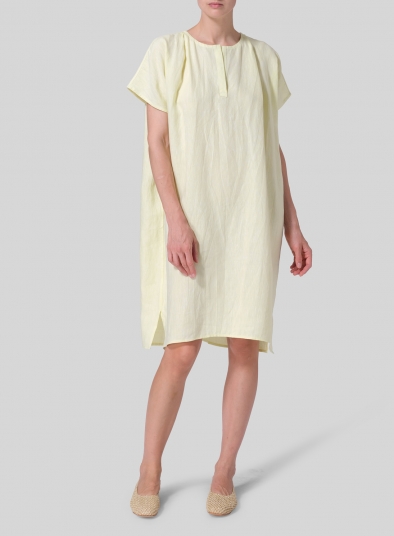 Linen Straight Cut V-neck Pleated Tunic