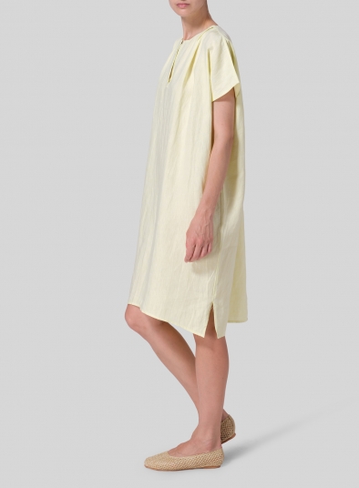 Linen Straight Cut V-neck Pleated Tunic