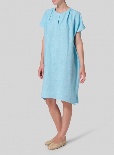 Linen Straight Cut V-neck Pleated Tunic