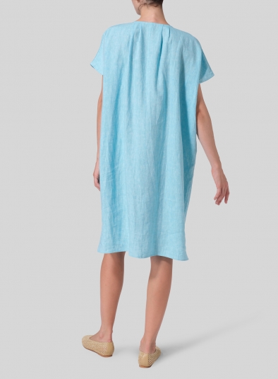 Linen Straight Cut V-neck Pleated Tunic