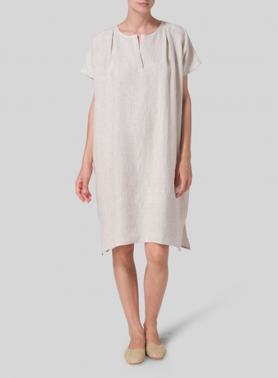 Linen Straight Cut V-neck Pleated Tunic