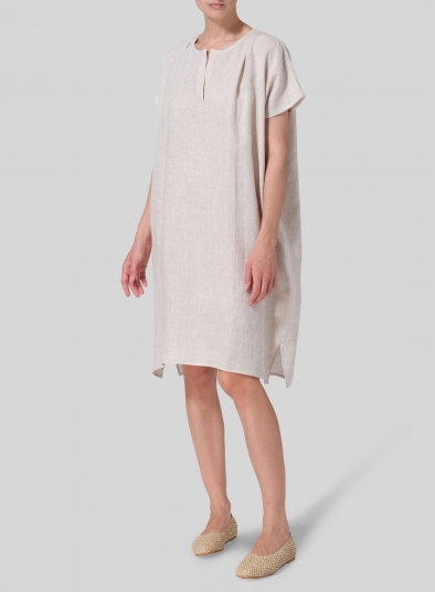 Linen Straight Cut V-neck Pleated Tunic