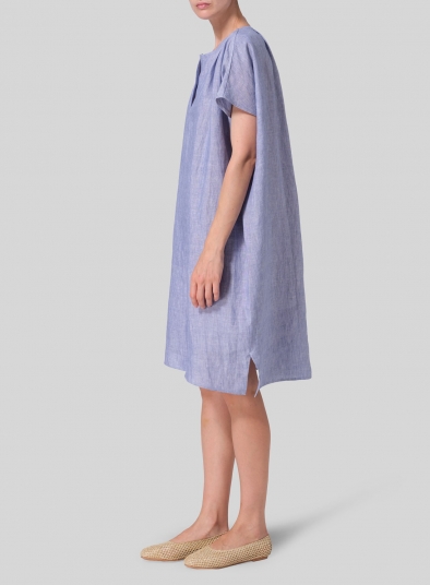 Linen Straight Cut V-neck Pleated Tunic