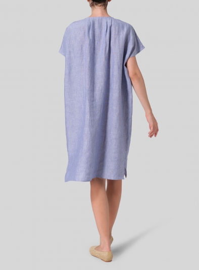 Linen Straight Cut V-neck Pleated Tunic