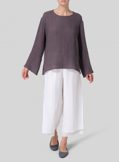 Linen Gauze Long Sleeve Loose Fit Blouse