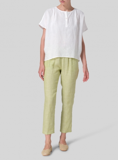 Linen V-neck Pleated Blouse with Single-Button
