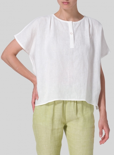 Linen V-neck Pleated Blouse with Single-Button