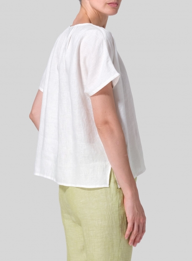 Linen V-neck Pleated Blouse with Single-Button