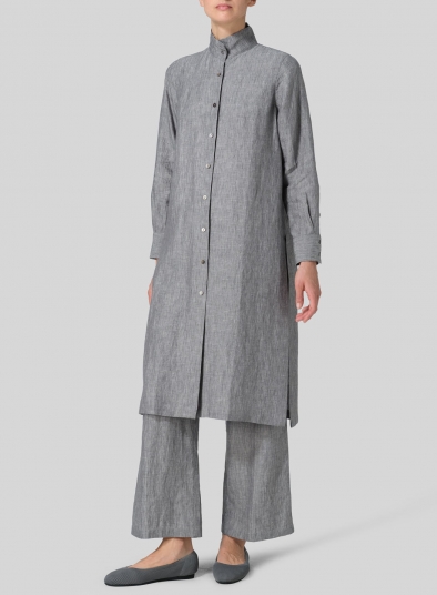 Linen High Stand Collar Long Shirt