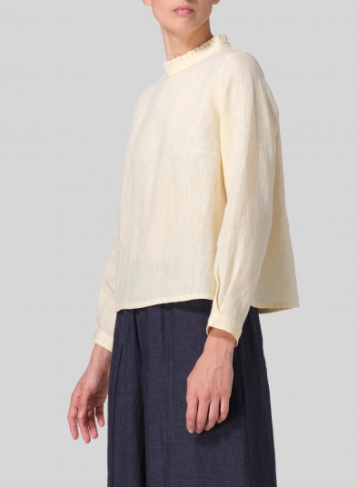 Linen Ruffle Stand Collar Cropped Blouse