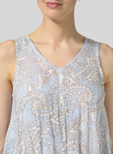 Linen Printed Sleeveless V-Neck A-shape Top
