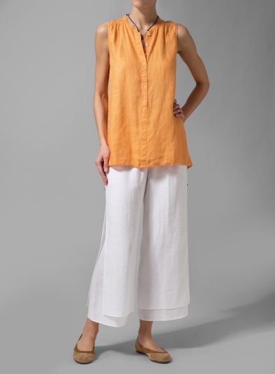 Linen Mandarin Collar A-Line Sleeveless Shirt