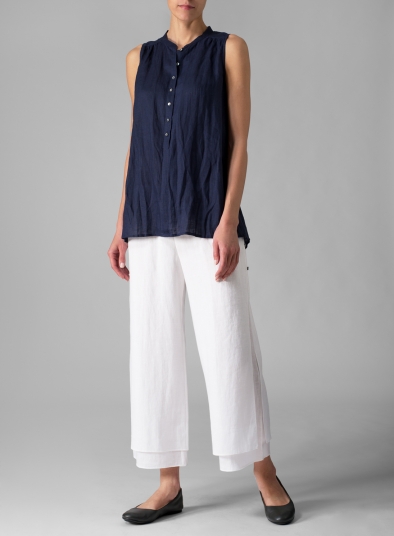 Linen Mandarin Collar A-Line Sleeveless Shirt