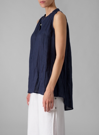 Linen Mandarin Collar A-Line Sleeveless Shirt