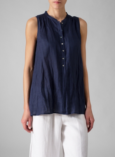 Linen Mandarin Collar A-Line Sleeveless Shirt