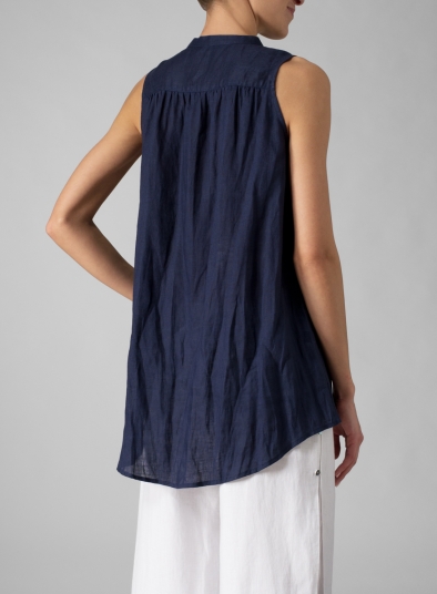 Linen Mandarin Collar A-Line Sleeveless Shirt