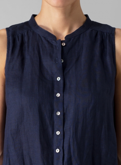 Linen Mandarin Collar A-Line Sleeveless Shirt