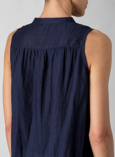 Linen Mandarin Collar A-Line Sleeveless Shirt