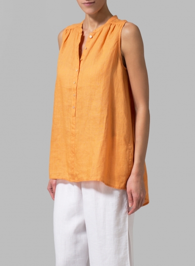 Linen Mandarin Collar A-Line Sleeveless Shirt