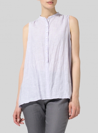 Linen Mandarin Collar A-Line Sleeveless Shirt