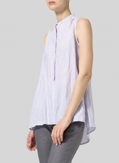 Linen Mandarin Collar A-Line Sleeveless Shirt