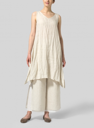 Linen Sleeveless Crumple Effect Long Blouse